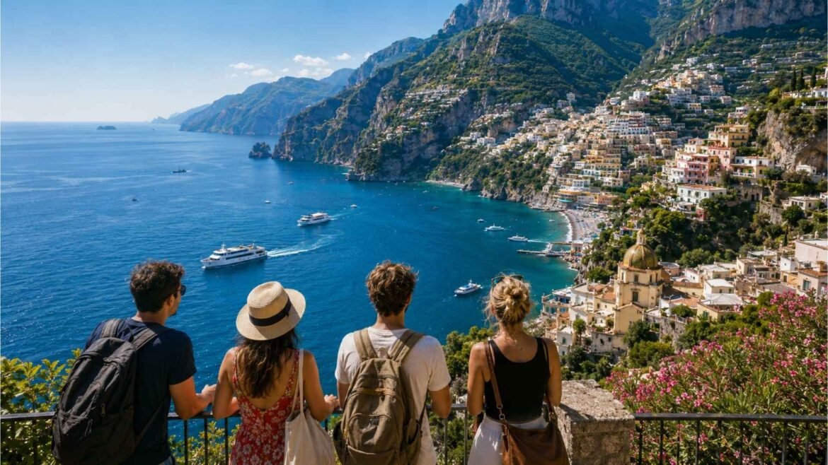5 day Amalfi Coast itinerary view over Positano and the coastline, with travelers at a scenic viewpoint above turquoise water and cliffside villages