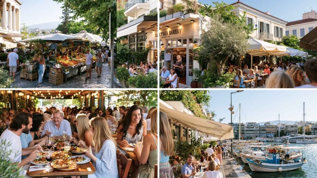 Athens food neighborhoods featuring local markets, bakeries, traditional tavernas, outdoor dining areas, and waterfront restaurants across the city.