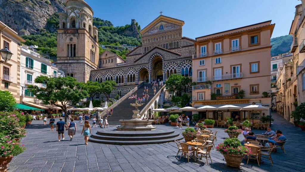 Amalfi Cathedral and Piazza Duomo in the historic center of Amalfi on the Amalfi Coast during a sunny summer day.