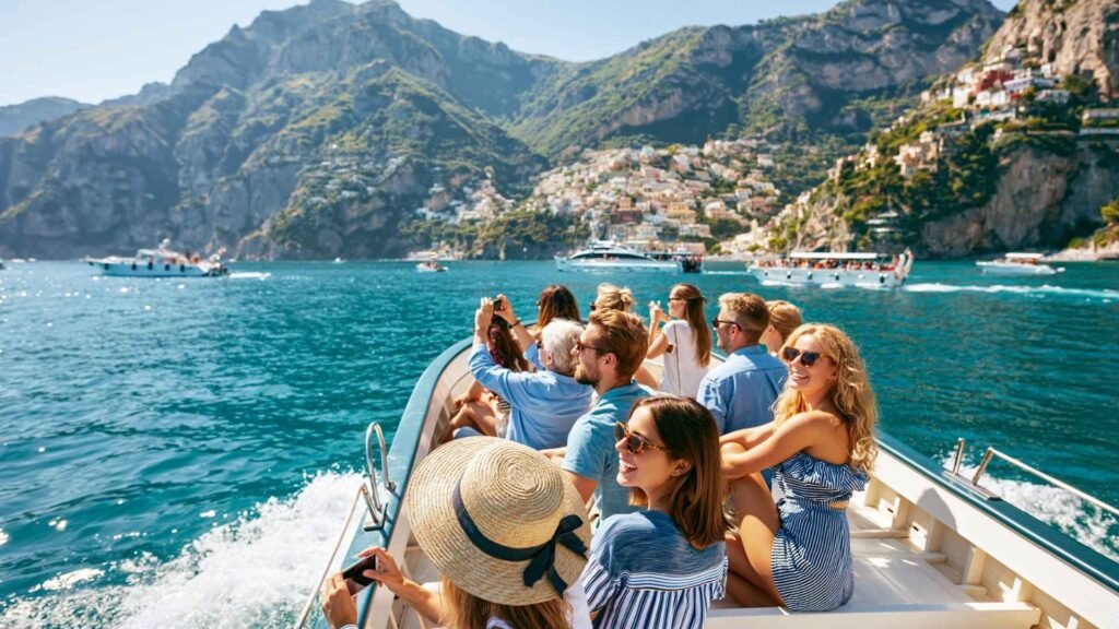 Travelers enjoying a boat tour along the Amalfi Coast with coastal villages, turquoise water, and scenic cliffs in the background.