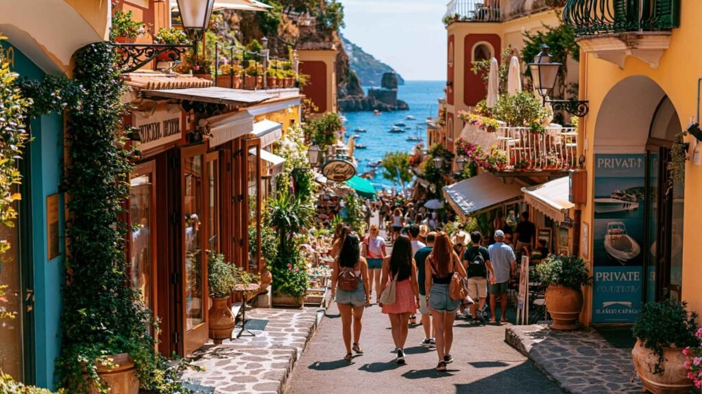 Busy Positano street with luxury accommodations, private boat advertisements, and tourists exploring the Amalfi Coast