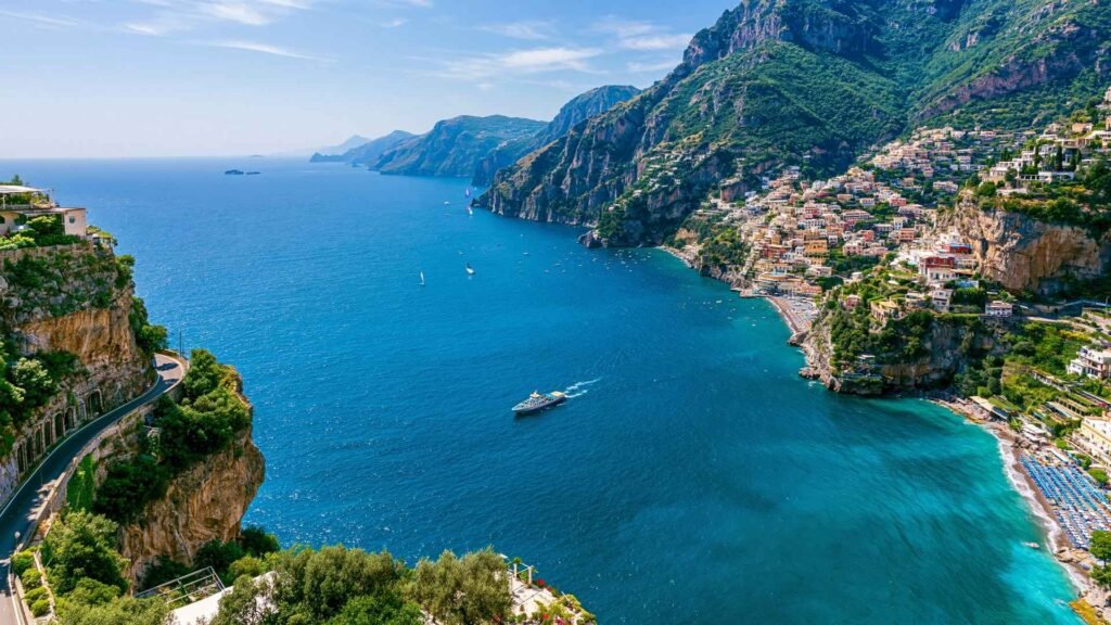Wide Amalfi Coast panorama showing cliffside villages, coastal scenery, and transportation routes between popular towns.