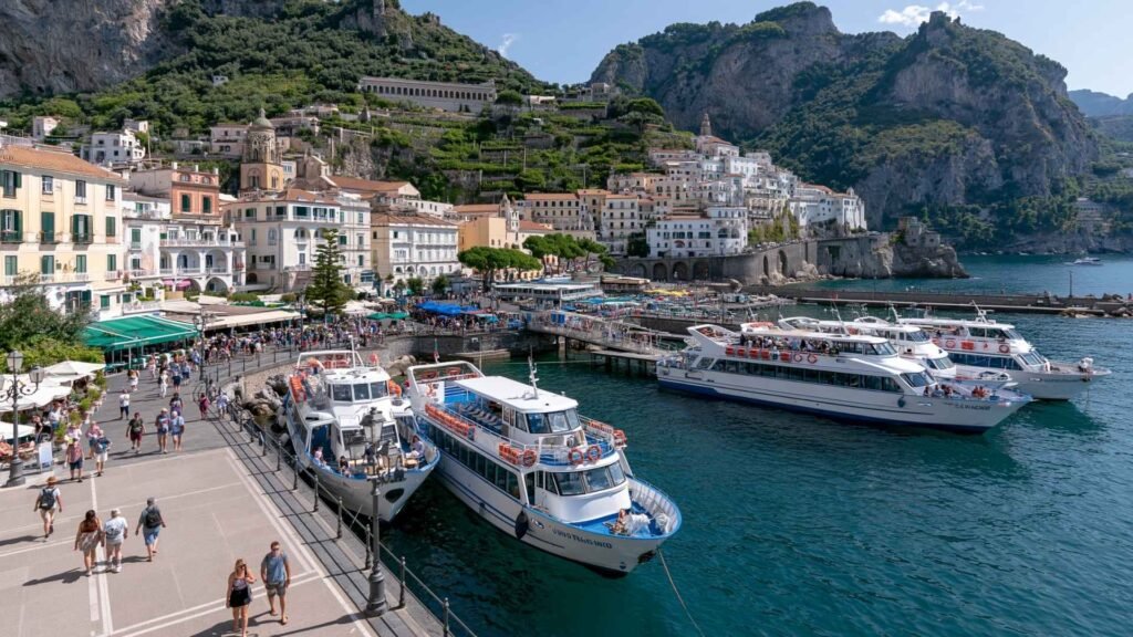 Amalfi harbor with multiple ferries, waterfront promenade, and central transportation connections linking towns across the Amalfi Coast.