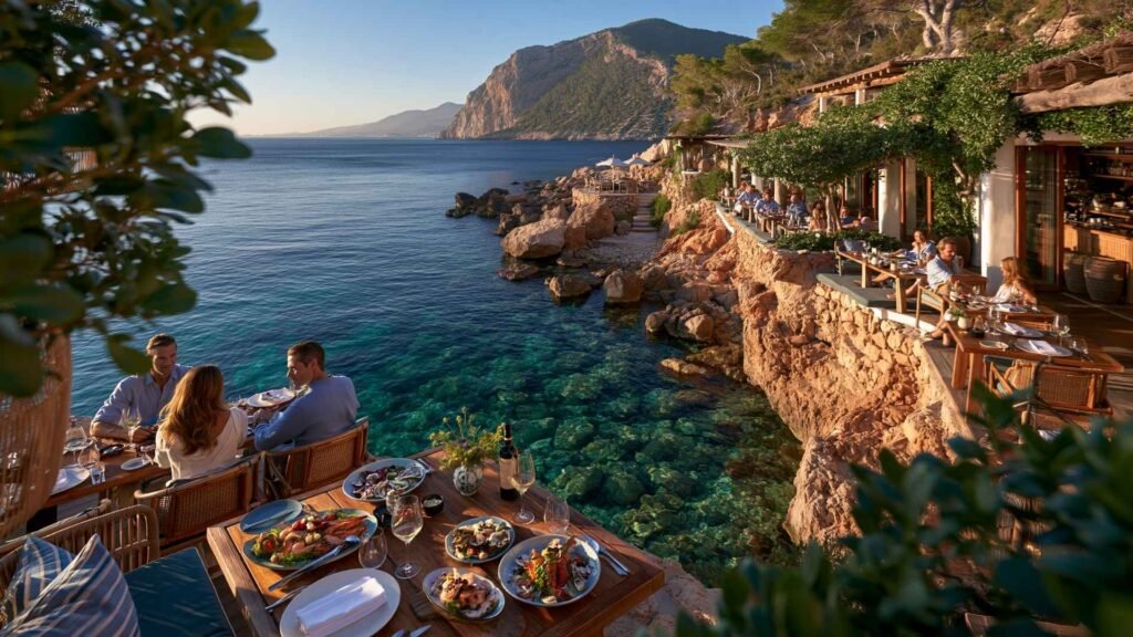 Amante Ibiza overlooking Sol d'en Serra with romantic cliffside dining terraces, Mediterranean cuisine, and panoramic sunset sea views.