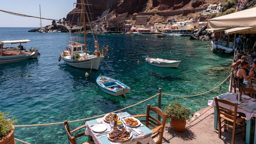 Waterfront seafood restaurants in Santorini at Ammoudi Bay with fishing boats, tavernas, and crystal-clear water