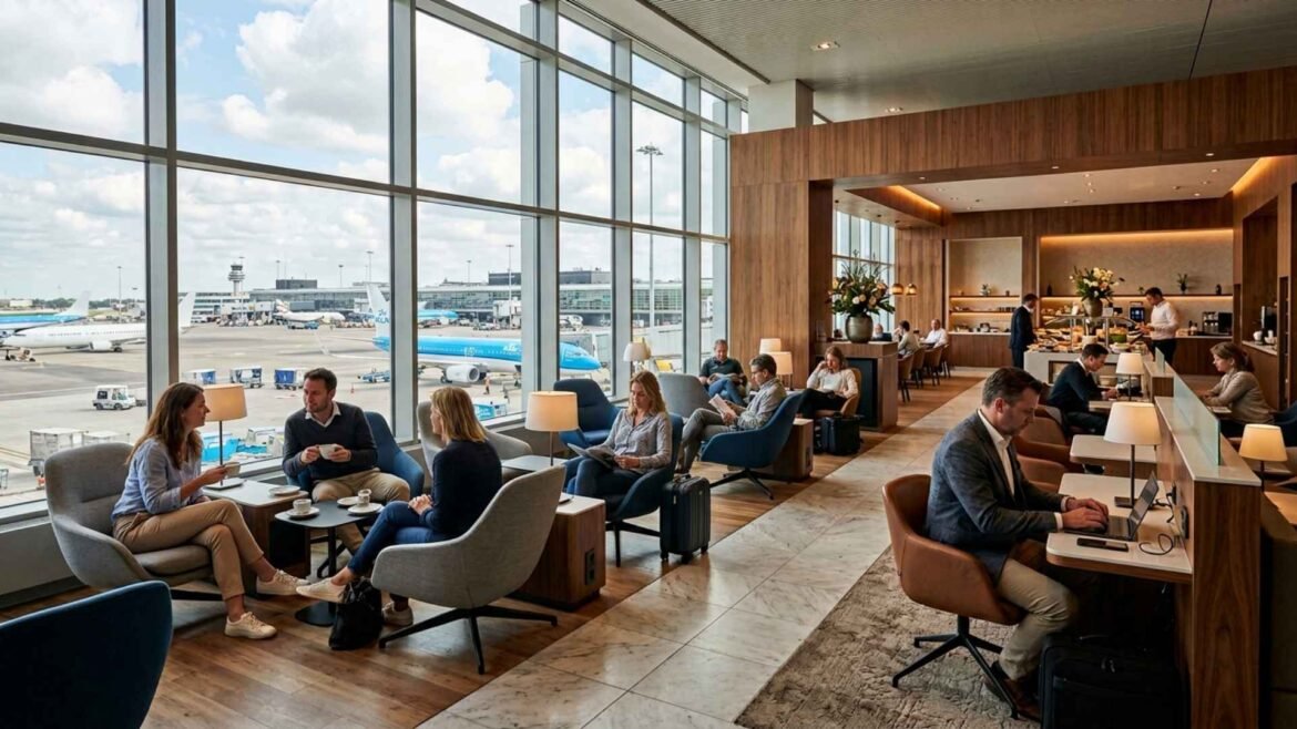 Amsterdam Schiphol Lounges with travelers relaxing, working, and enjoying refreshments before international departures.