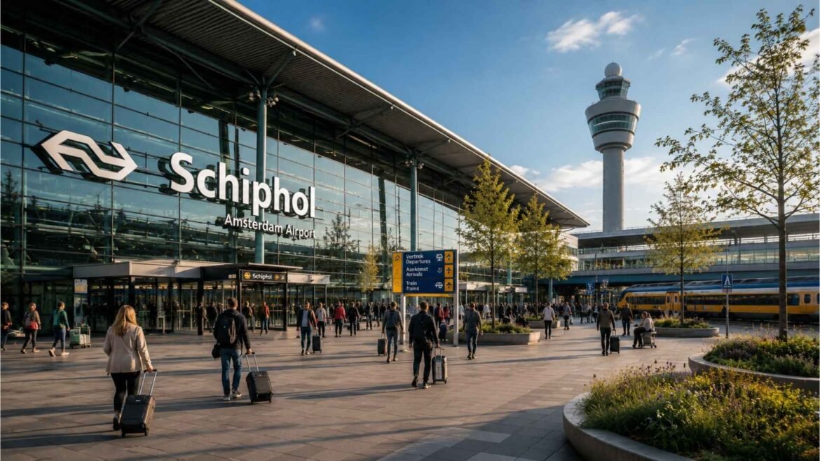 Amsterdam Schiphol Airport terminal exterior with travelers, main entrance area, and control tower on a sunny day