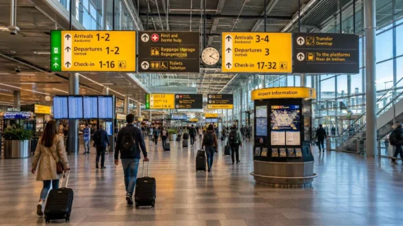 Amsterdam Schiphol Arrival Guide showing travelers walking through Schiphol Airport arrivals area with terminal direction signs