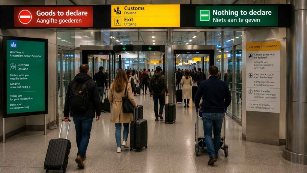 Travelers entering Amsterdam Schiphol Airport customs area with goods to declare and nothing to declare channels
