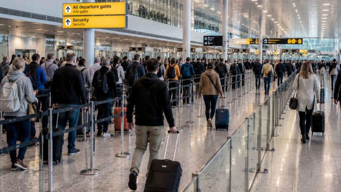 Amsterdam Schiphol Fast Track security area showing busy regular queues and a separate faster airport access flow