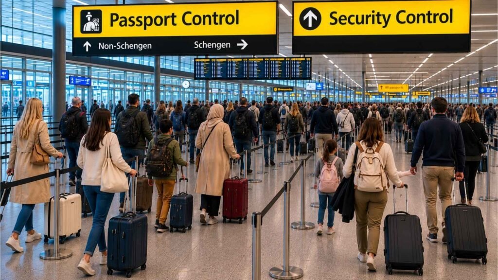 Travelers proceeding through passport control at Amsterdam Schiphol Airport immigration area after arrival