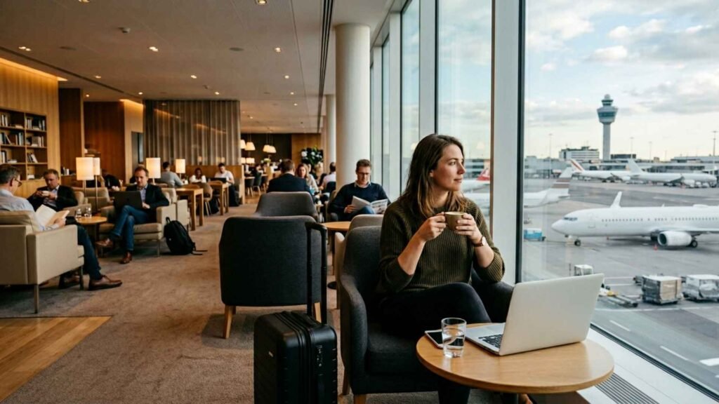 Traveler relaxing with a coffee inside an Amsterdam Schiphol Airport lounge while overlooking the apron before departure.