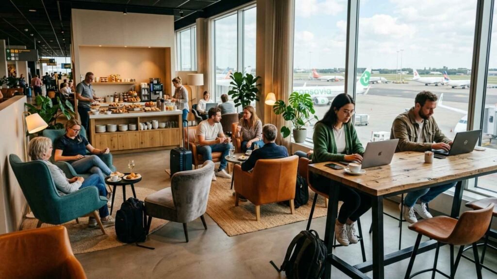 Travelers relaxing, working, and enjoying refreshments inside Aspire Lounge 26 at Amsterdam Schiphol Airport before departure.
