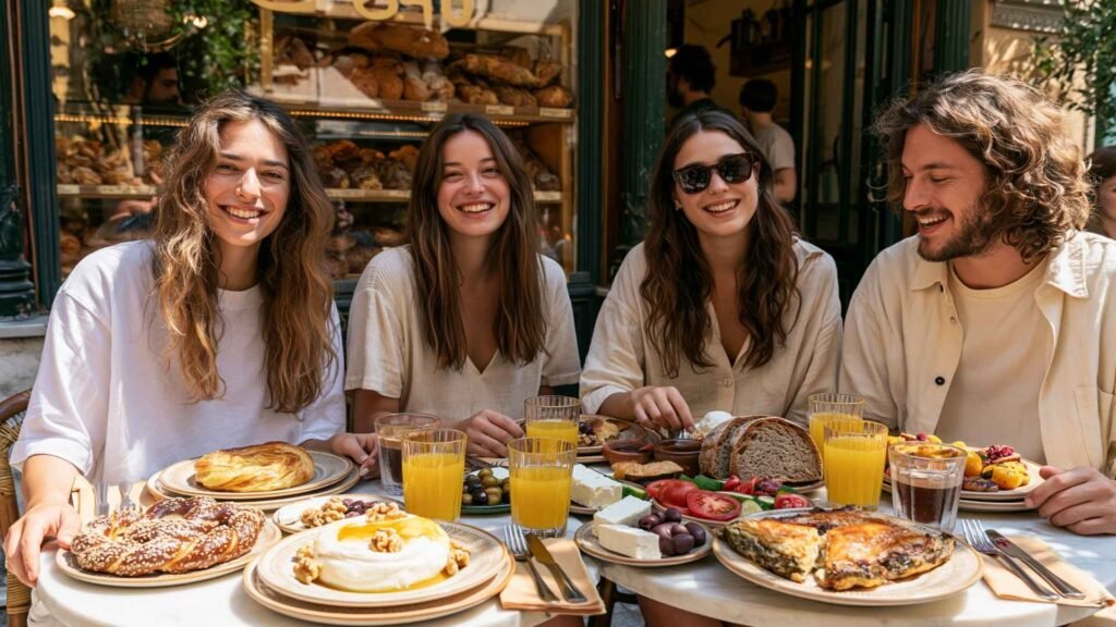 Friends enjoying a traditional Athens breakfast with koulouri, spanakopita, Greek yogurt, feta cheese, olives, coffee, and fresh bakery foods at a neighborhood café.