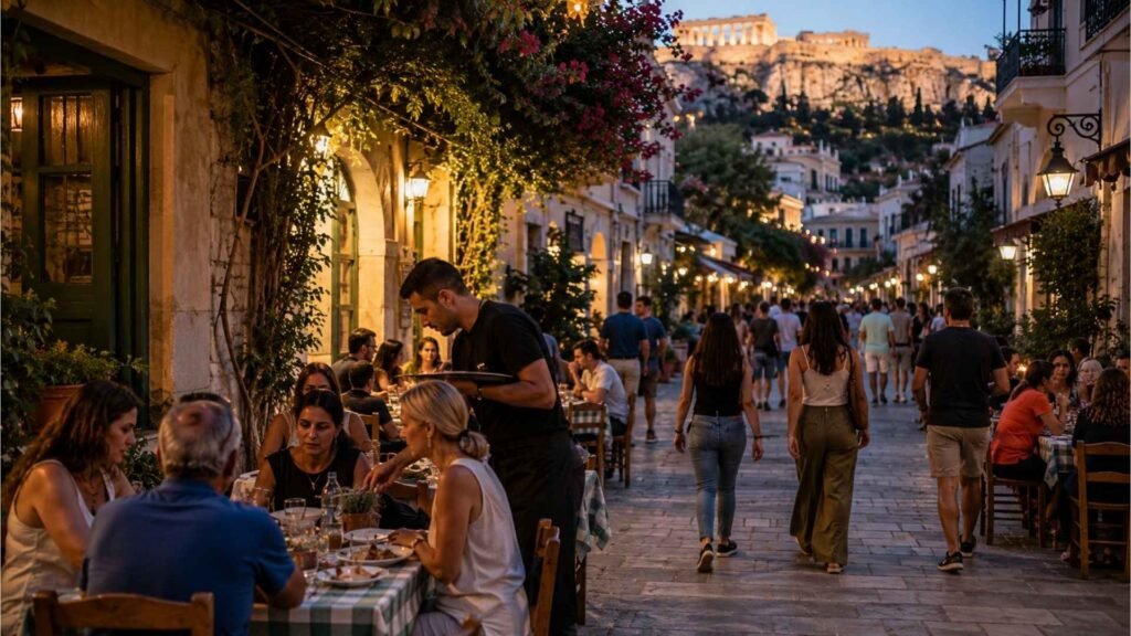 Travelers and locals dining at a budget-friendly neighborhood taverna on a lively pedestrian street in central Athens with the Acropolis in the background.