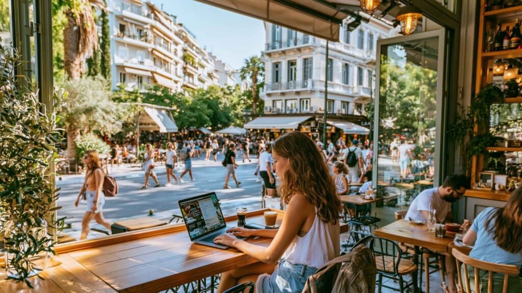 Digital nomad working on a laptop from a busy Athens café, illustrating the city's café culture and flexible remote work lifestyle