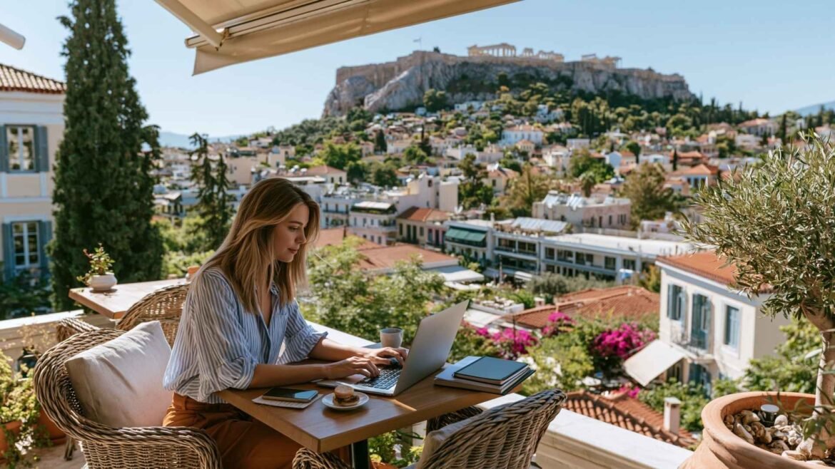 Athens Digital Nomad Guide: remote worker using a laptop on a terrace overlooking the Acropolis and central Athens