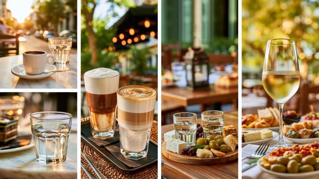 Collage featuring Greek coffee, Freddo Espresso, Freddo Cappuccino, ouzo with meze, and Retsina wine served at outdoor cafés in Athens.