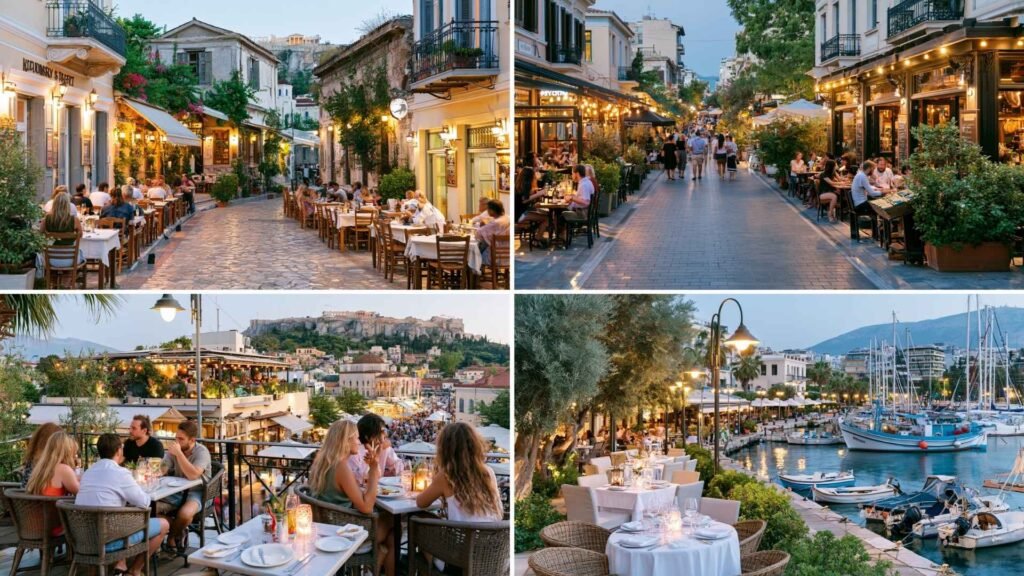 Four-panel collage showcasing Athens food neighborhoods, including Plaka, Psyrri, Monastiraki rooftop dining, and the waterfront restaurants of Piraeus.