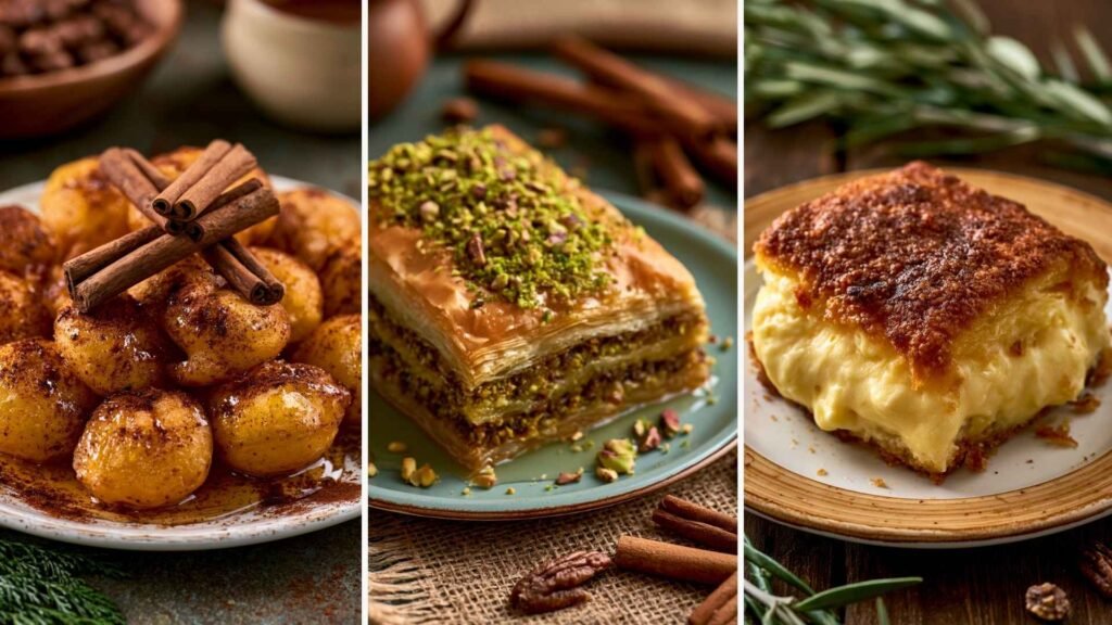 Traditional Greek desserts in Athens including loukoumades, baklava, and galaktoboureko presented in a three-panel food collage.