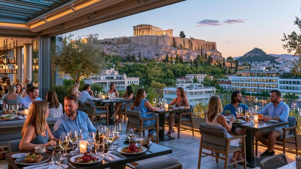 Travelers enjoying dinner at a rooftop restaurant in Athens overlooking the illuminated Acropolis during sunset with panoramic city views.