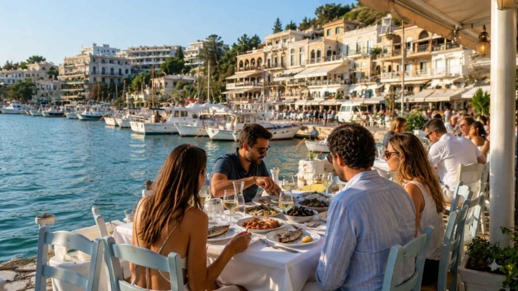 Travelers enjoying fresh seafood at a waterfront restaurant overlooking the marina in Athens with fishing boats and a relaxed Mediterranean atmosphere.
