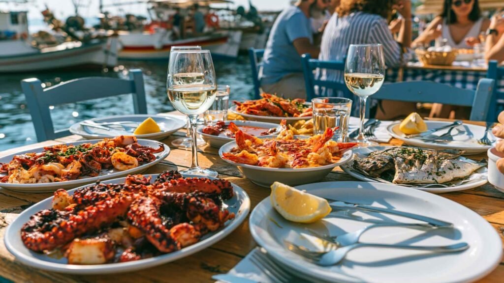 Fresh seafood served at a waterfront restaurant near Piraeus, featuring grilled octopus, shrimp dishes, fish, and Greek wine.