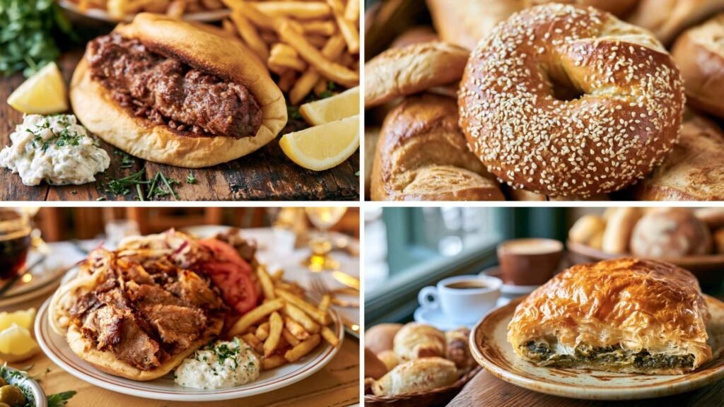 Popular Athens street foods including souvlaki, gyros, koulouri, and spanakopita presented in a traditional food collage.