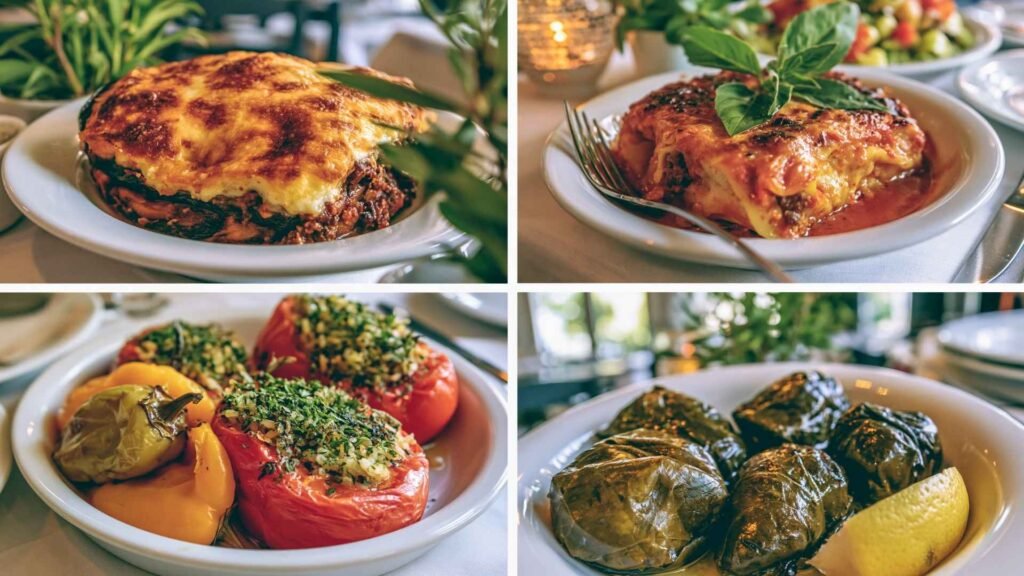 Traditional Greek foods in Athens including moussaka, pastitsio, gemista, and dolmades served in a classic food collage.