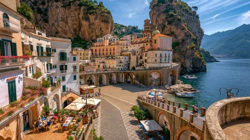 Atrani on the Amalfi Coast featuring its historic piazza, pastel buildings, church tower and peaceful waterfront atmosphere.