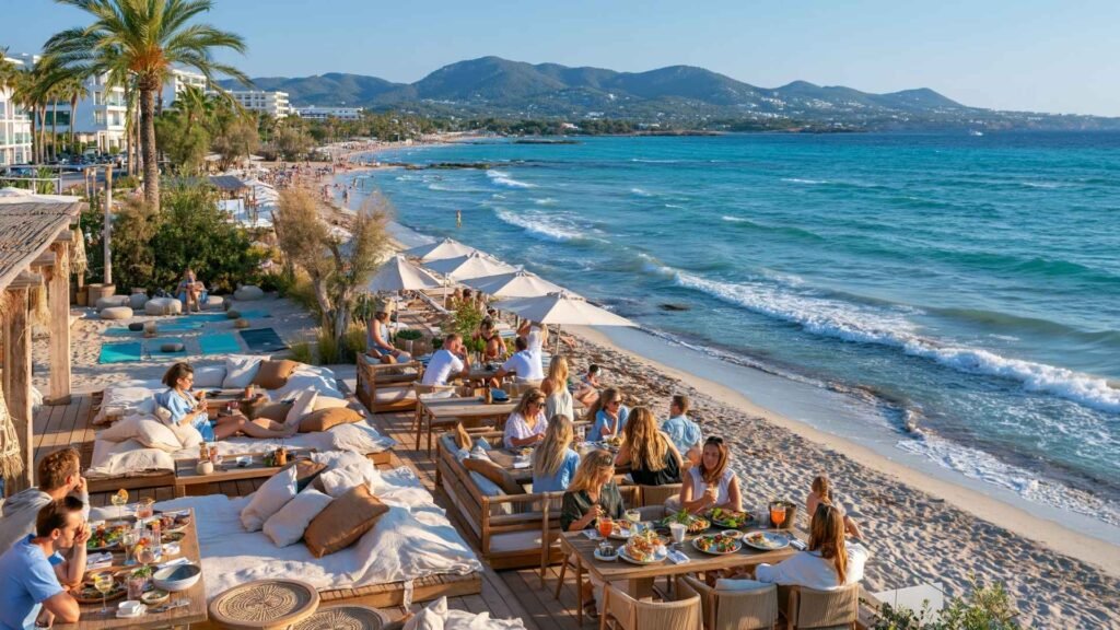Beachouse Ibiza overlooking Playa d’en Bossa with beachfront dining, wellness spaces, relaxed seating areas, and Mediterranean sea views