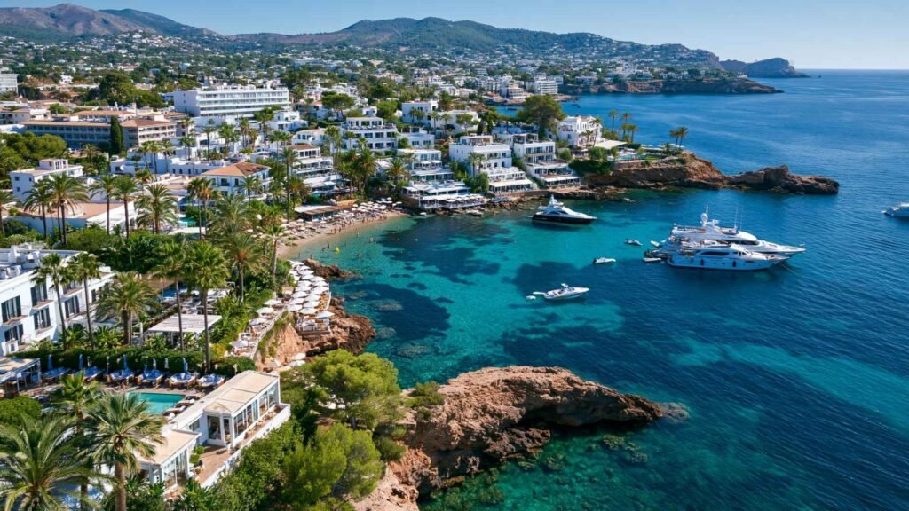 Best Areas in Ibiza for Beach Clubs showing luxury coastal resorts, beach clubs, yachts, turquoise Mediterranean water, and popular seaside destinations.
