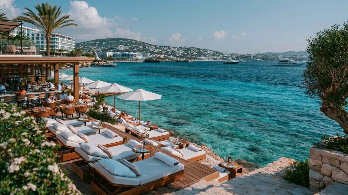 Best Ibiza beach clubs featuring luxury sunbeds, waterfront dining, turquoise Mediterranean water, and a premium seaside atmosphere in Ibiza.