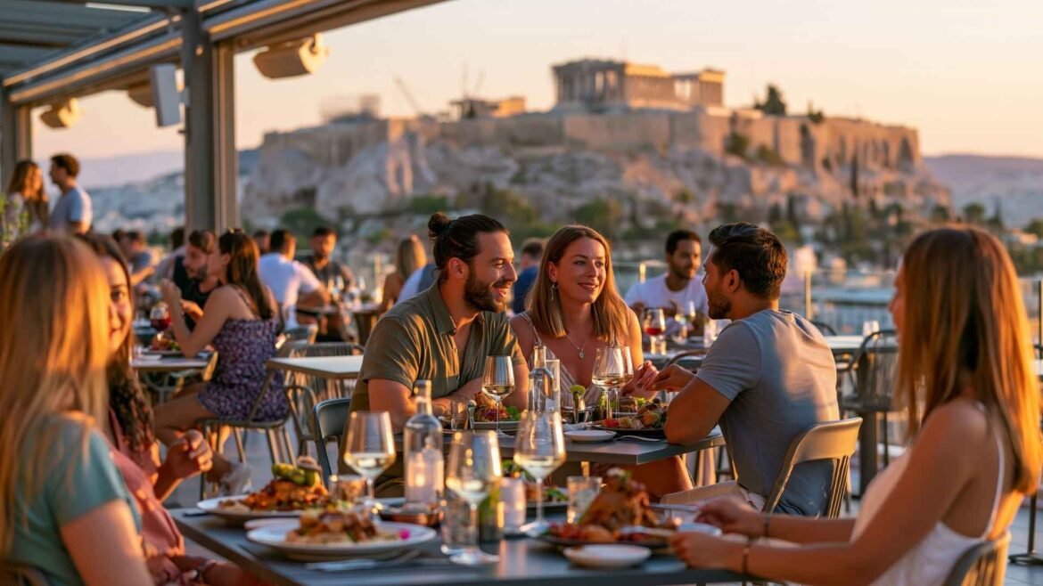 Best Restaurants in Athens featuring travelers dining on a rooftop terrace overlooking the Acropolis at sunset in the heart of the Greek capital.