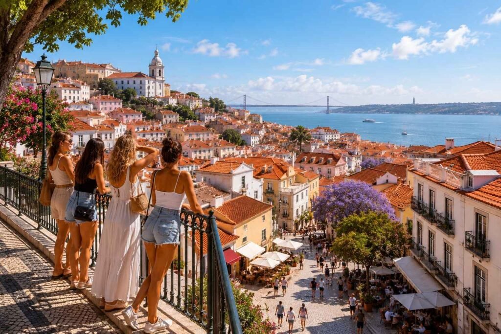 Visitors enjoying panoramic views of Lisbon's historic rooftops and the Tagus River from a scenic viewpoint on a sunny day