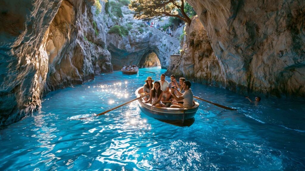 Blue Grotto boat tour visitors exploring Capri's famous sea cave in a traditional rowing boat surrounded by glowing blue water.