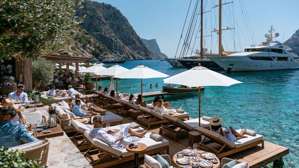 Blue Marlin Ibiza beach club in Cala Jondal featuring luxury sunbeds, waterfront dining, turquoise Mediterranean water, and yacht-filled coastal views.