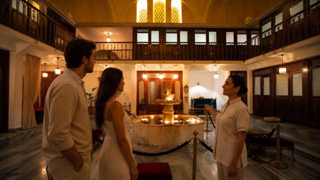 A couple receiving a welcome and orientation from a staff member inside the elegant reception hall of Cağaloğlu Hamamı before enjoying a traditional Turkish bath experience.