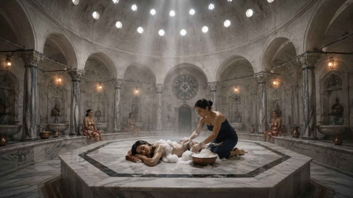 Cağaloğlu Hamamı Review hero image showing a traditional Turkish bath experience beneath the grand Ottoman dome with a foam massage taking place on the heated marble platform.