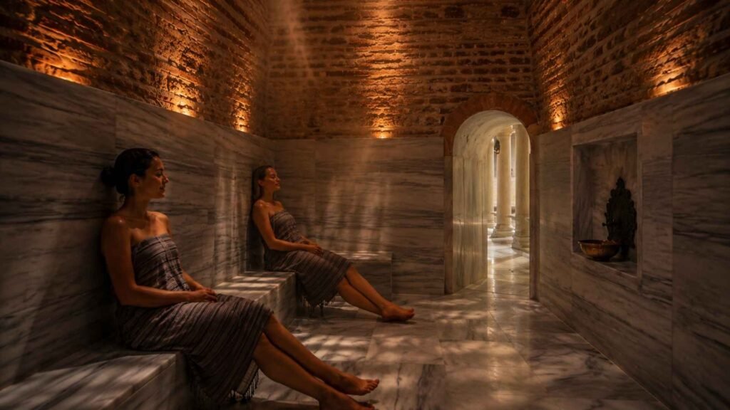 Visitors relaxing in the warm marble relaxation room at Cağaloğlu Hamamı before or after enjoying a traditional Turkish bath experience in Istanbul.