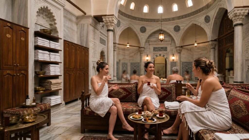 Visitors relaxing with Turkish tea in the elegant lounge area of Cağaloğlu Hamamı after a traditional Turkish bath experience.