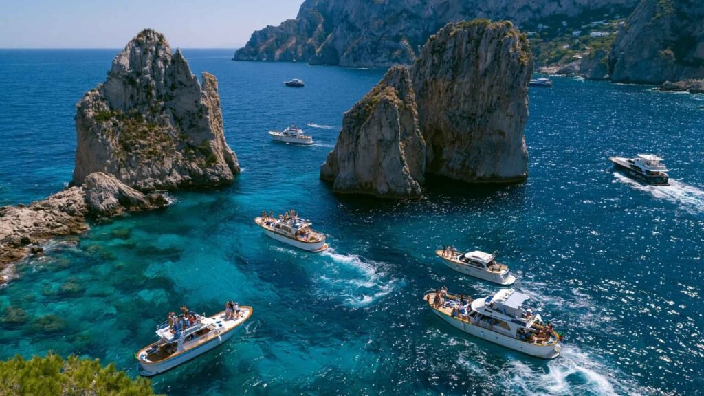 Capri boat tour boats cruising near the Faraglioni Rocks with travelers enjoying views of Capri's famous coastline.