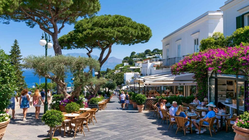 Elegant pedestrian street in Capri Town with outdoor cafés, bougainvillea, white buildings, and a sea view in the distance on a sunny summer day.