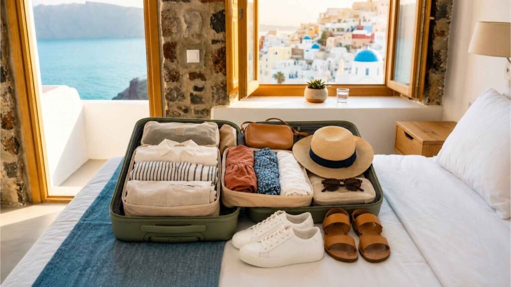 Open suitcase with a neatly organized capsule wardrobe, packing cubes, white sneakers, sandals, and summer accessories in a bright Greek hotel room.