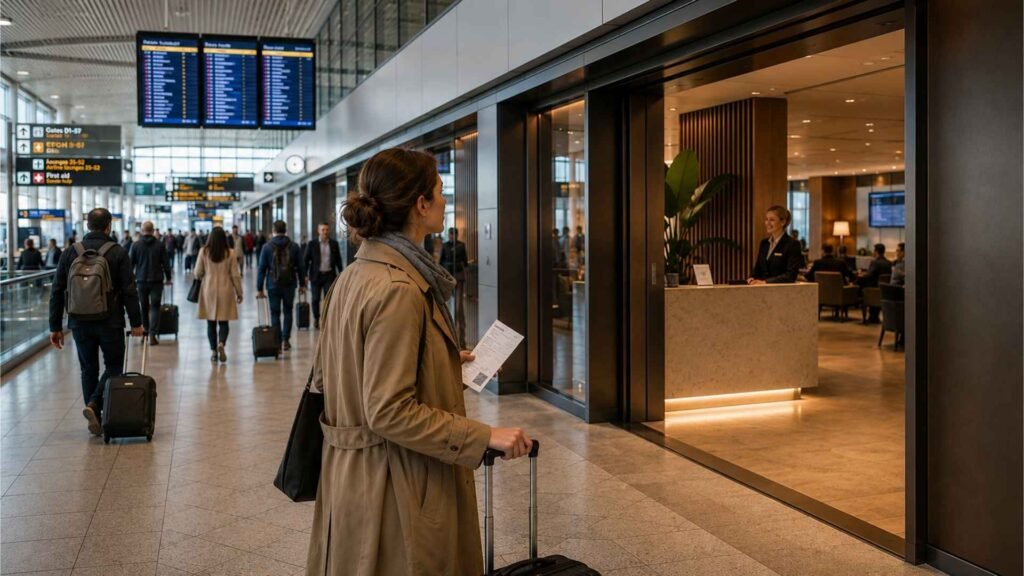 Traveler choosing the best airport lounge at Amsterdam Schiphol Airport before an international flight.