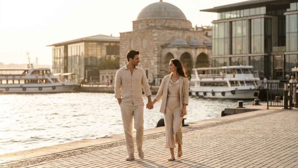Couple walking near Kılıç Ali Paşa Hamamı and Karaköy waterfront after a luxury wellness experience in Istanbul