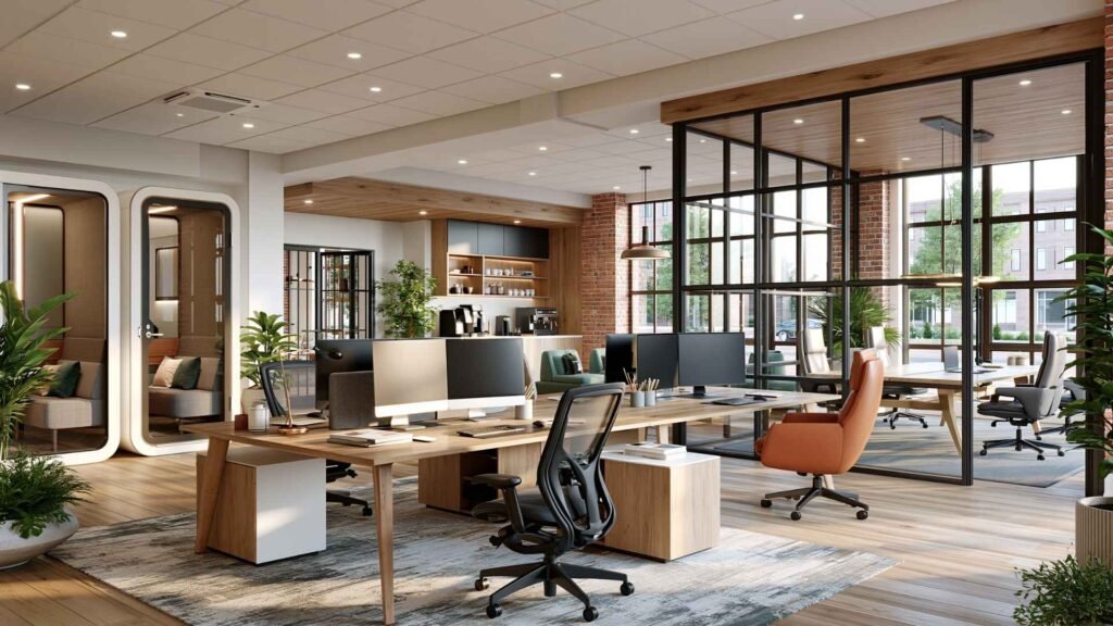 Modern coworking space with ergonomic workstations, private phone booths, meeting rooms, and shared amenities designed for productive remote work