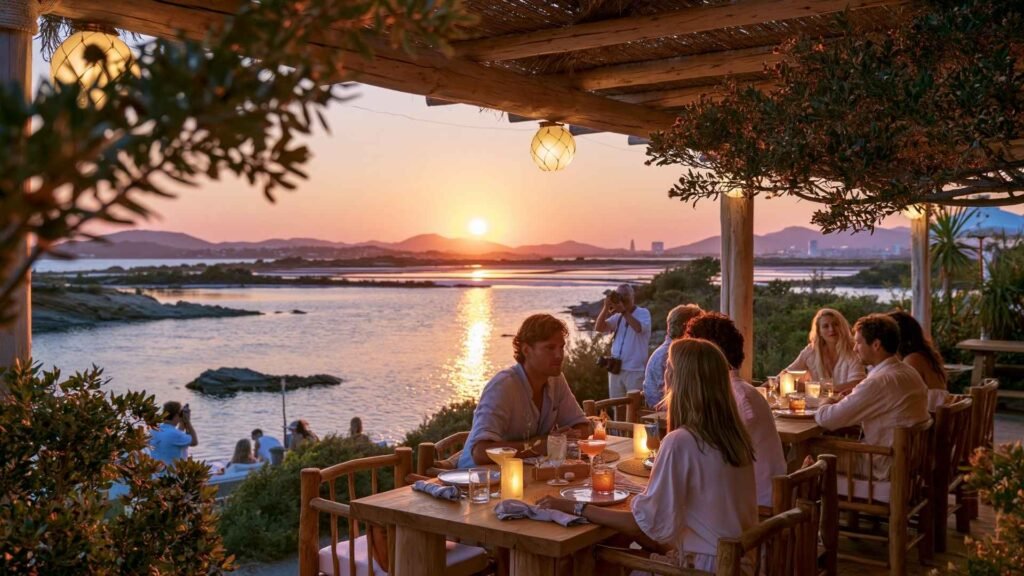 Experimental Beach Ibiza terrace at sunset overlooking the Las Salinas salt flats, with cocktails, relaxed dining, and panoramic Mediterranean views