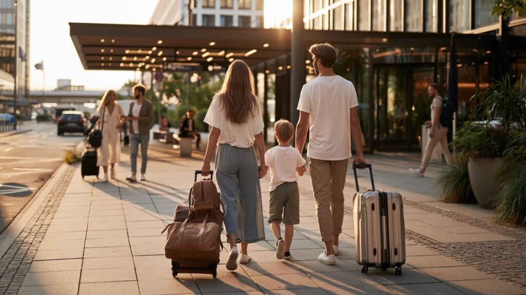 Family travelers with luggage walking near a Frankfurt Airport hotel entrance for easier airport access and family-friendly stays