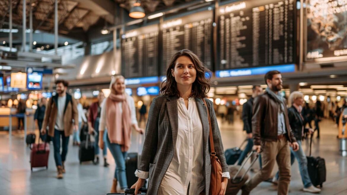Frankfurt Airport arrival area with travelers walking through the terminal after landing near large arrivals boards and luggage areas